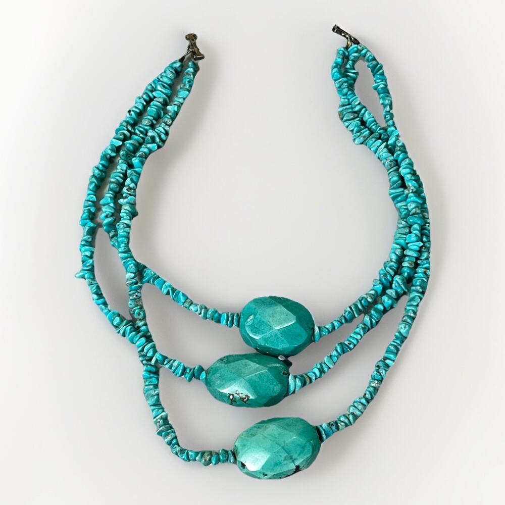 Native American Sterling 3-Strand Turquoise Nugget Bead & Lrg Pendant Necklace